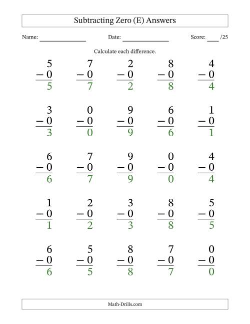 The Subtracting Zero With Differences from 0 to 9 – 25 Large Print Questions (E) Math Worksheet Page 2