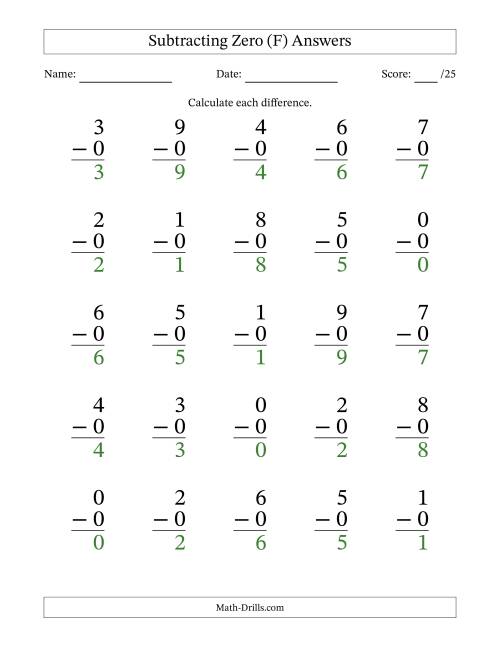 The Subtracting Zero With Differences from 0 to 9 – 25 Large Print Questions (F) Math Worksheet Page 2