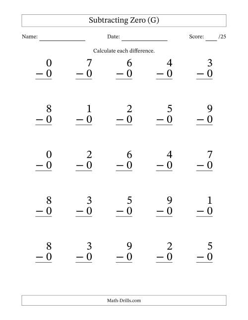 The Subtracting Zero With Differences from 0 to 9 – 25 Large Print Questions (G) Math Worksheet