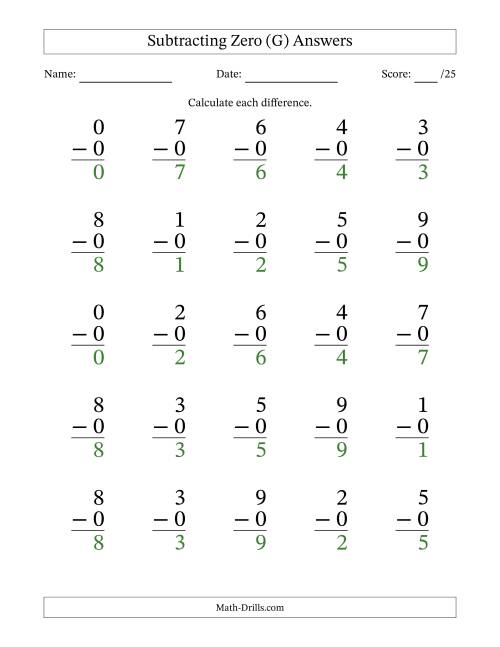 The Subtracting Zero With Differences from 0 to 9 – 25 Large Print Questions (G) Math Worksheet Page 2