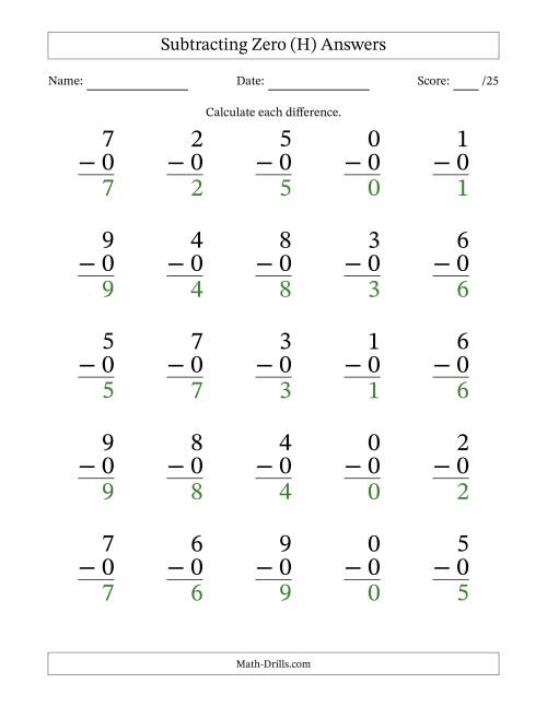 The Subtracting Zero With Differences from 0 to 9 – 25 Large Print Questions (H) Math Worksheet Page 2
