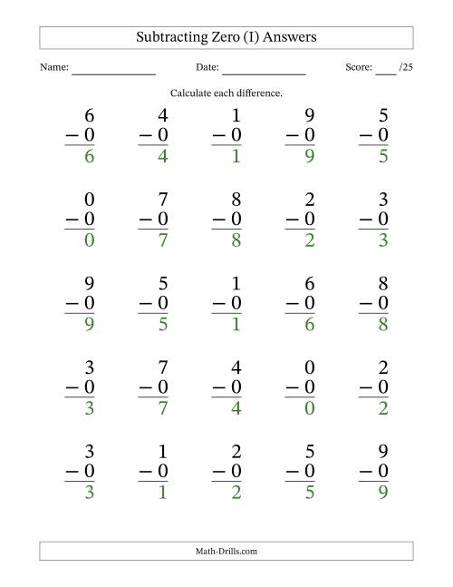 The Subtracting Zero With Differences from 0 to 9 – 25 Large Print Questions (I) Math Worksheet Page 2