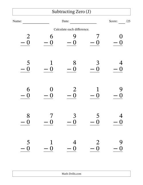 The Subtracting Zero With Differences from 0 to 9 – 25 Large Print Questions (J) Math Worksheet
