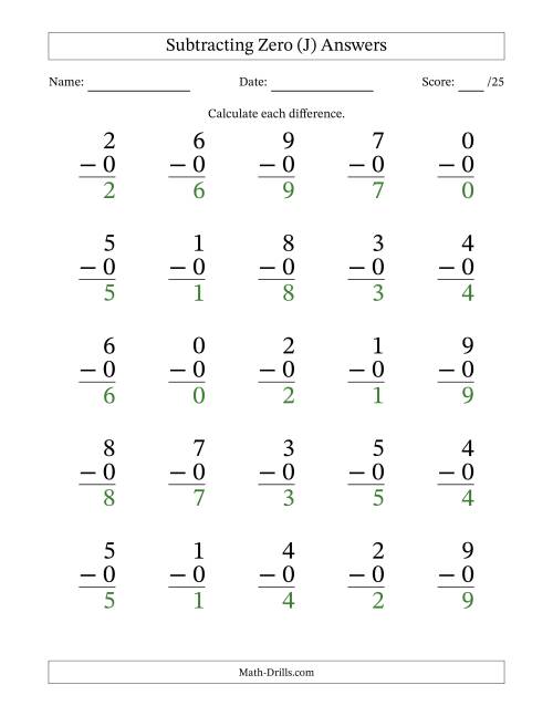 The Subtracting Zero With Differences from 0 to 9 – 25 Large Print Questions (J) Math Worksheet Page 2