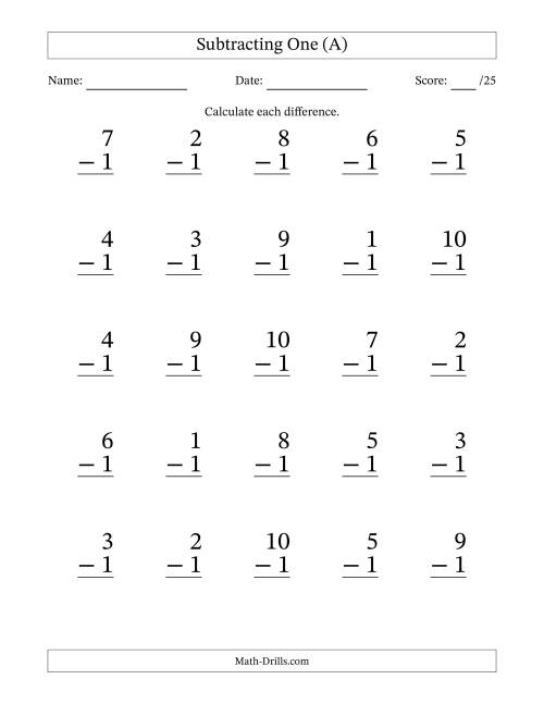 The Subtracting One With Differences from 0 to 9 – 25 Large Print Questions (A) Math Worksheet