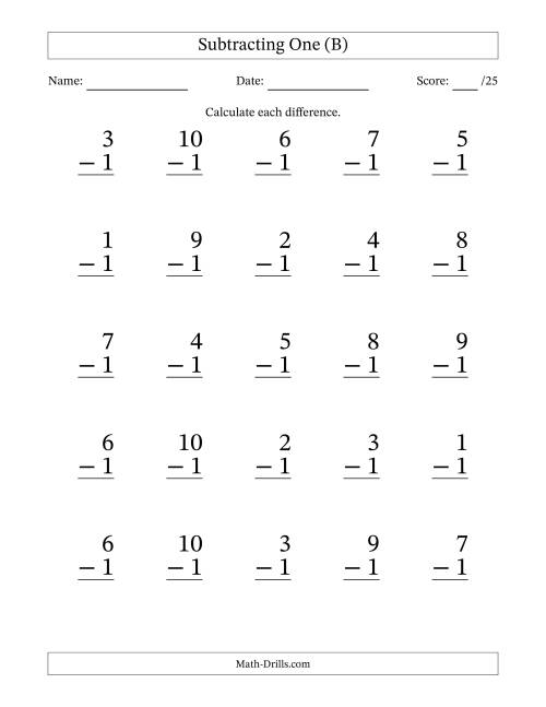 The Subtracting One With Differences from 0 to 9 – 25 Large Print Questions (B) Math Worksheet