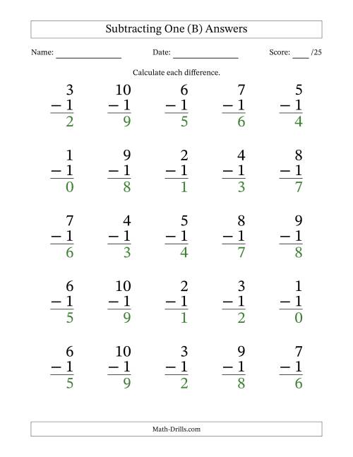 The Subtracting One With Differences from 0 to 9 – 25 Large Print Questions (B) Math Worksheet Page 2