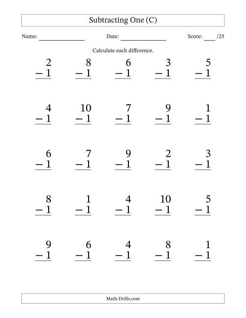 The Subtracting One With Differences from 0 to 9 – 25 Large Print Questions (C) Math Worksheet