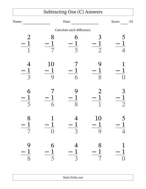 The Subtracting One With Differences from 0 to 9 – 25 Large Print Questions (C) Math Worksheet Page 2
