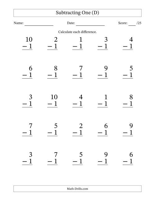 The Subtracting One With Differences from 0 to 9 – 25 Large Print Questions (D) Math Worksheet