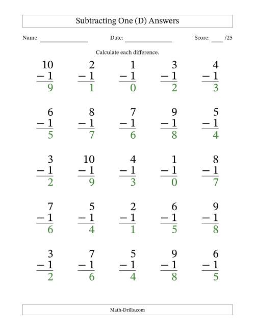 The Subtracting One With Differences from 0 to 9 – 25 Large Print Questions (D) Math Worksheet Page 2