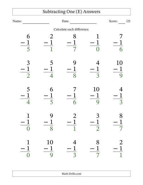 The Subtracting One With Differences from 0 to 9 – 25 Large Print Questions (E) Math Worksheet Page 2