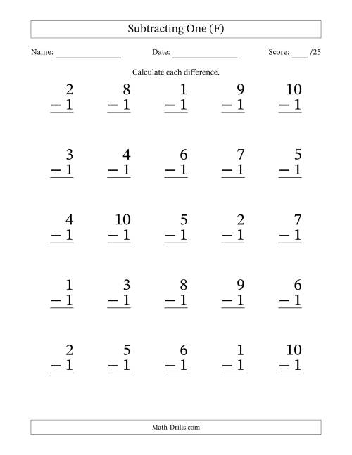 The Subtracting One With Differences from 0 to 9 – 25 Large Print Questions (F) Math Worksheet