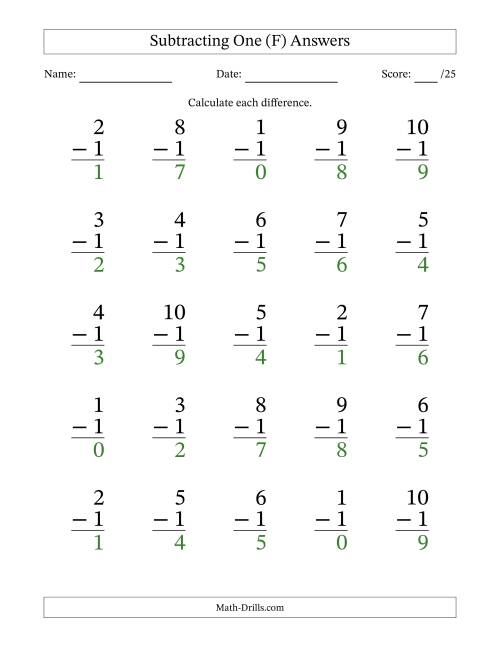 The Subtracting One With Differences from 0 to 9 – 25 Large Print Questions (F) Math Worksheet Page 2