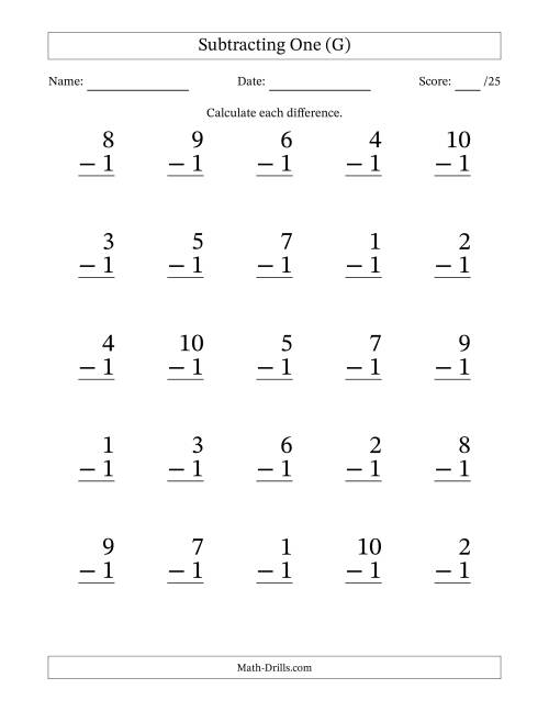 The Subtracting One With Differences from 0 to 9 – 25 Large Print Questions (G) Math Worksheet