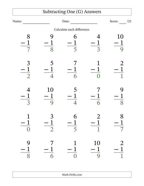 The Subtracting One With Differences from 0 to 9 – 25 Large Print Questions (G) Math Worksheet Page 2