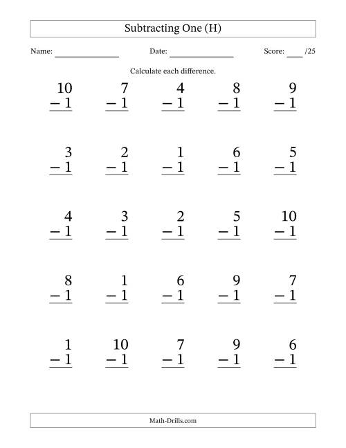 The Subtracting One With Differences from 0 to 9 – 25 Large Print Questions (H) Math Worksheet