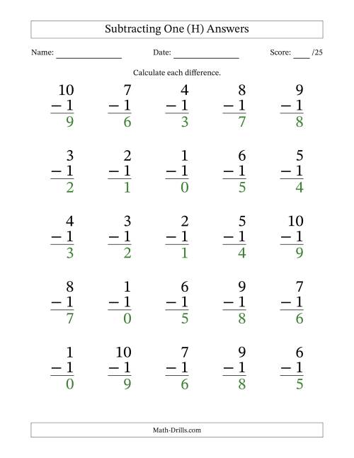 The Subtracting One With Differences from 0 to 9 – 25 Large Print Questions (H) Math Worksheet Page 2