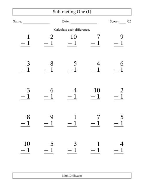 The Subtracting One With Differences from 0 to 9 – 25 Large Print Questions (I) Math Worksheet