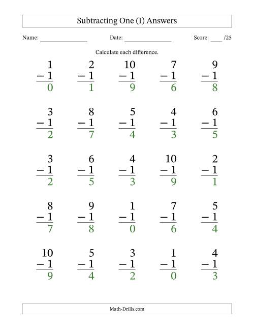 The Subtracting One With Differences from 0 to 9 – 25 Large Print Questions (I) Math Worksheet Page 2