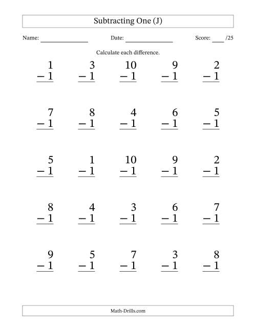 The Subtracting One With Differences from 0 to 9 – 25 Large Print Questions (J) Math Worksheet