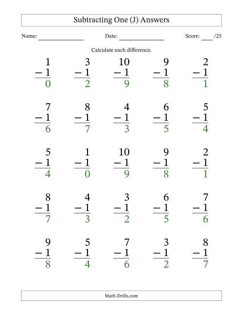 The Subtracting One With Differences from 0 to 9 – 25 Large Print Questions (J) Math Worksheet Page 2