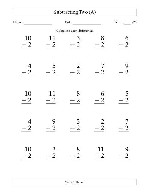 The Subtracting Two With Differences from 0 to 9 – 25 Large Print Questions (A) Math Worksheet