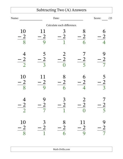 The Subtracting Two With Differences from 0 to 9 – 25 Large Print Questions (A) Math Worksheet Page 2