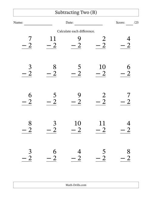 The Subtracting Two With Differences from 0 to 9 – 25 Large Print Questions (B) Math Worksheet