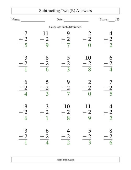 The Subtracting Two With Differences from 0 to 9 – 25 Large Print Questions (B) Math Worksheet Page 2
