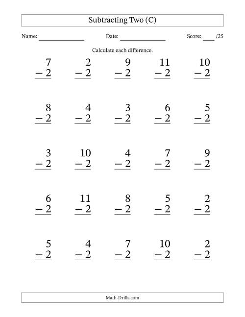 The Subtracting Two With Differences from 0 to 9 – 25 Large Print Questions (C) Math Worksheet