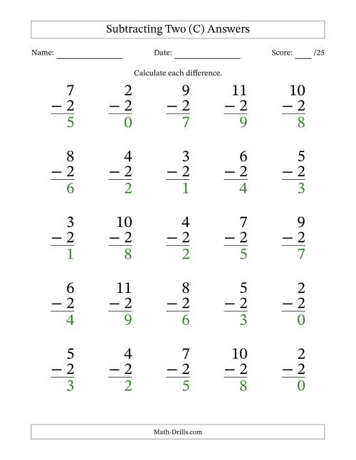 The Subtracting Two With Differences from 0 to 9 – 25 Large Print Questions (C) Math Worksheet Page 2