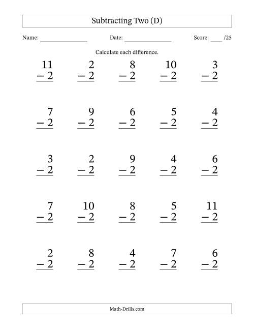 The Subtracting Two With Differences from 0 to 9 – 25 Large Print Questions (D) Math Worksheet