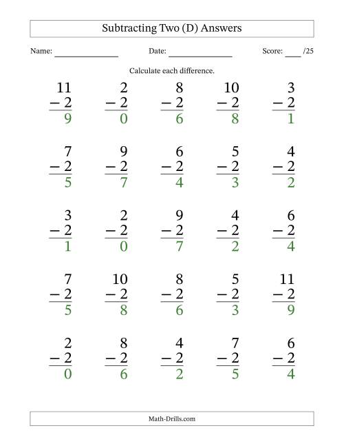 The Subtracting Two With Differences from 0 to 9 – 25 Large Print Questions (D) Math Worksheet Page 2