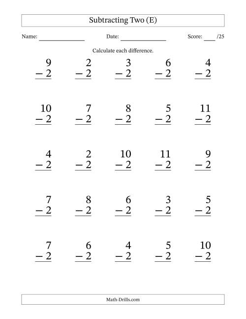 The Subtracting Two With Differences from 0 to 9 – 25 Large Print Questions (E) Math Worksheet