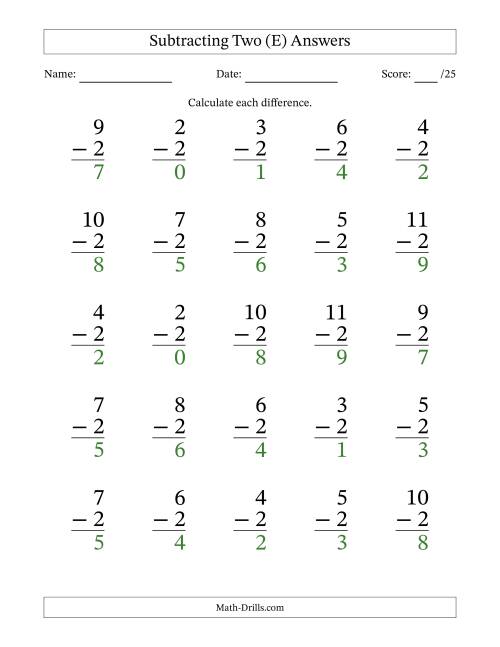 The Subtracting Two With Differences from 0 to 9 – 25 Large Print Questions (E) Math Worksheet Page 2
