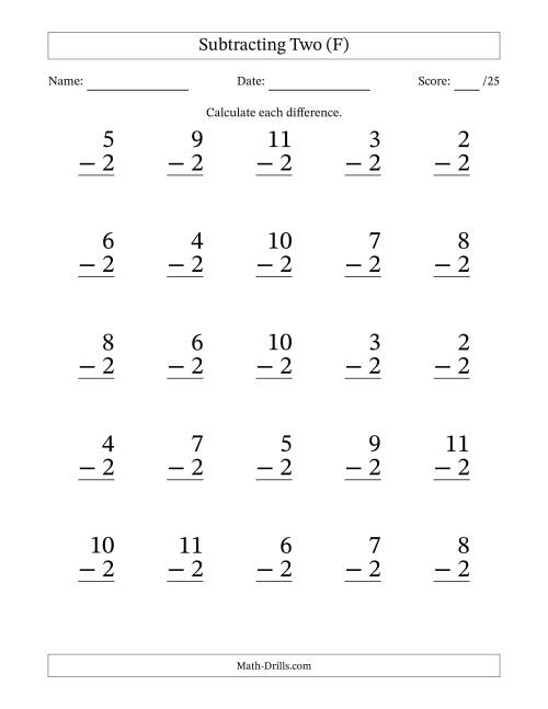 The Subtracting Two With Differences from 0 to 9 – 25 Large Print Questions (F) Math Worksheet