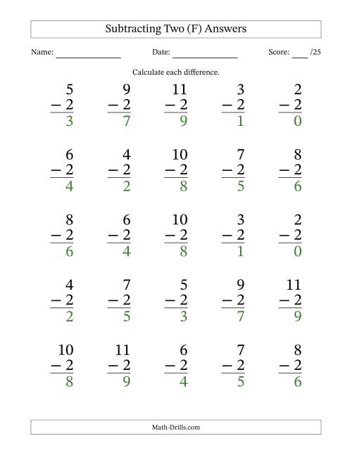 The Subtracting Two With Differences from 0 to 9 – 25 Large Print Questions (F) Math Worksheet Page 2