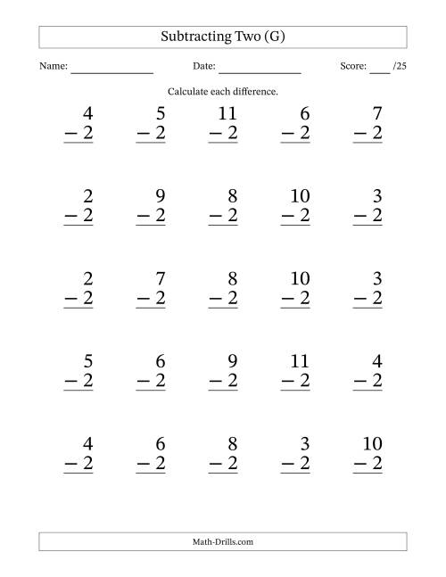 The Subtracting Two With Differences from 0 to 9 – 25 Large Print Questions (G) Math Worksheet