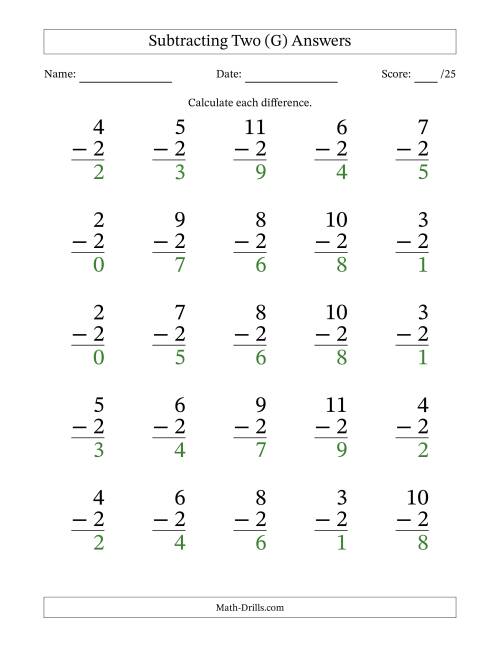 The Subtracting Two With Differences from 0 to 9 – 25 Large Print Questions (G) Math Worksheet Page 2