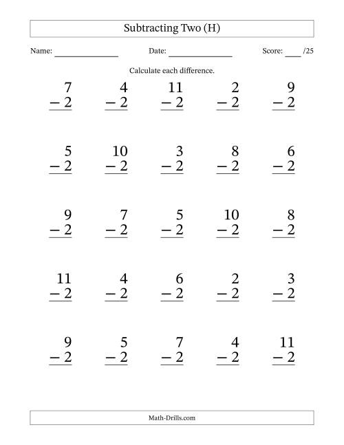 The Subtracting Two With Differences from 0 to 9 – 25 Large Print Questions (H) Math Worksheet
