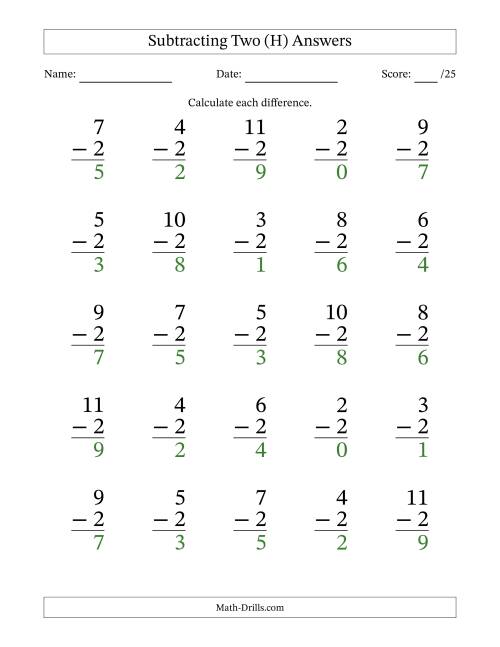 The Subtracting Two With Differences from 0 to 9 – 25 Large Print Questions (H) Math Worksheet Page 2