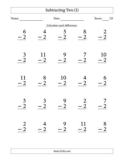 The Subtracting Two With Differences from 0 to 9 – 25 Large Print Questions (I) Math Worksheet
