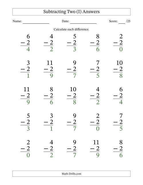 The Subtracting Two With Differences from 0 to 9 – 25 Large Print Questions (I) Math Worksheet Page 2