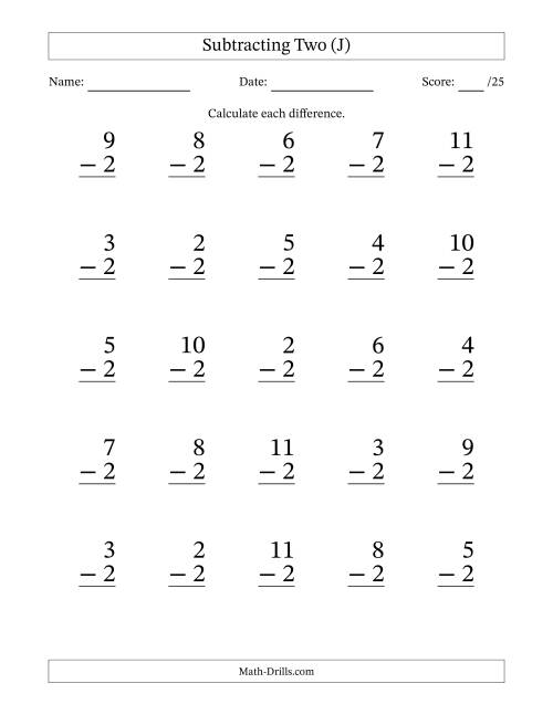 The Subtracting Two With Differences from 0 to 9 – 25 Large Print Questions (J) Math Worksheet