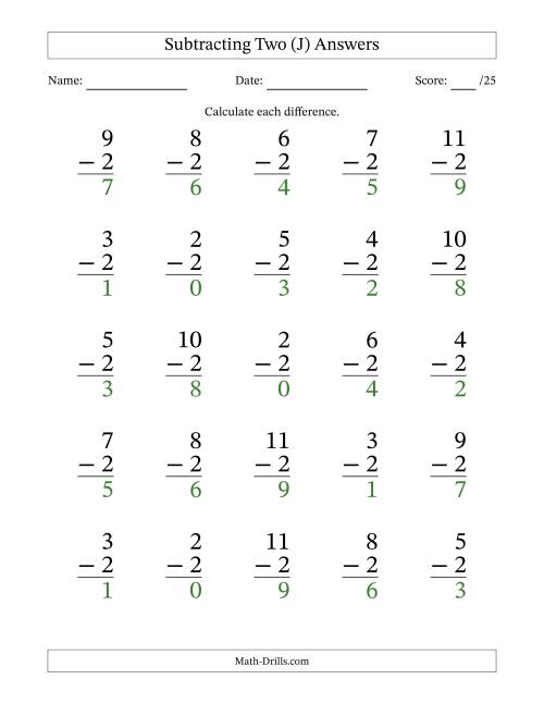 The Subtracting Two With Differences from 0 to 9 – 25 Large Print Questions (J) Math Worksheet Page 2