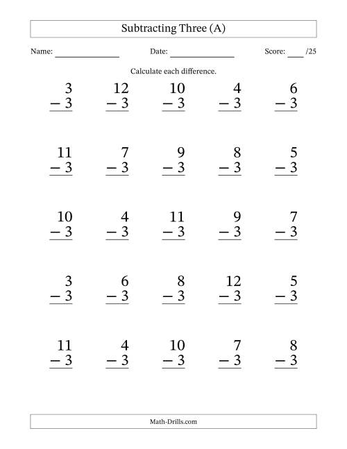 The Subtracting Three With Differences from 0 to 9 – 25 Large Print Questions (A) Math Worksheet