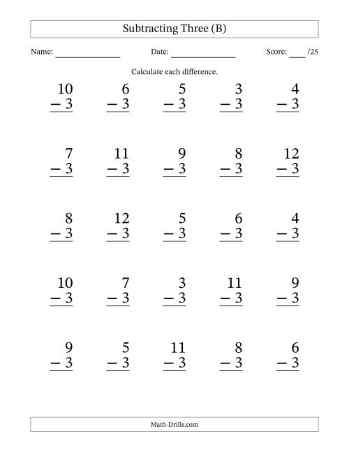 The Subtracting Three With Differences from 0 to 9 – 25 Large Print Questions (B) Math Worksheet