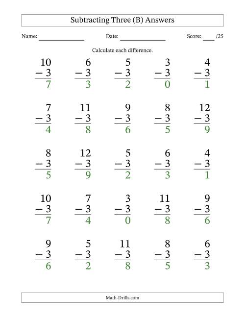 The Subtracting Three With Differences from 0 to 9 – 25 Large Print Questions (B) Math Worksheet Page 2