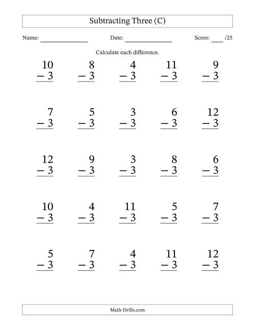 The Subtracting Three With Differences from 0 to 9 – 25 Large Print Questions (C) Math Worksheet